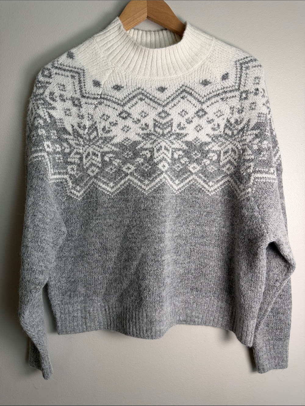 Winter Holiday Print Mock-Neck Fair Isle Sweater in Gray and Cream, Medium